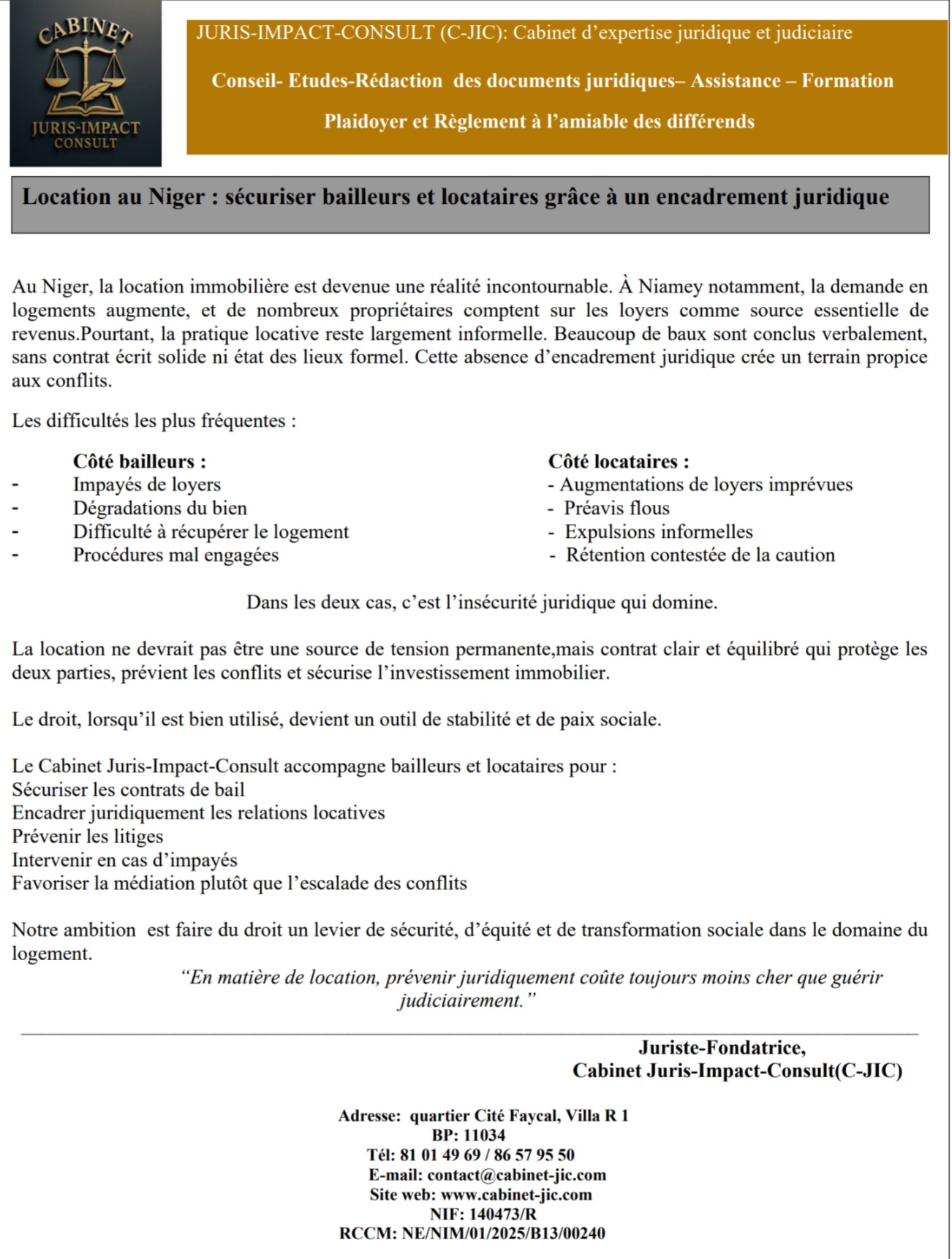 Location au Niger : sécuriser bailleurs et locataires grâce à un encadrement juridique 