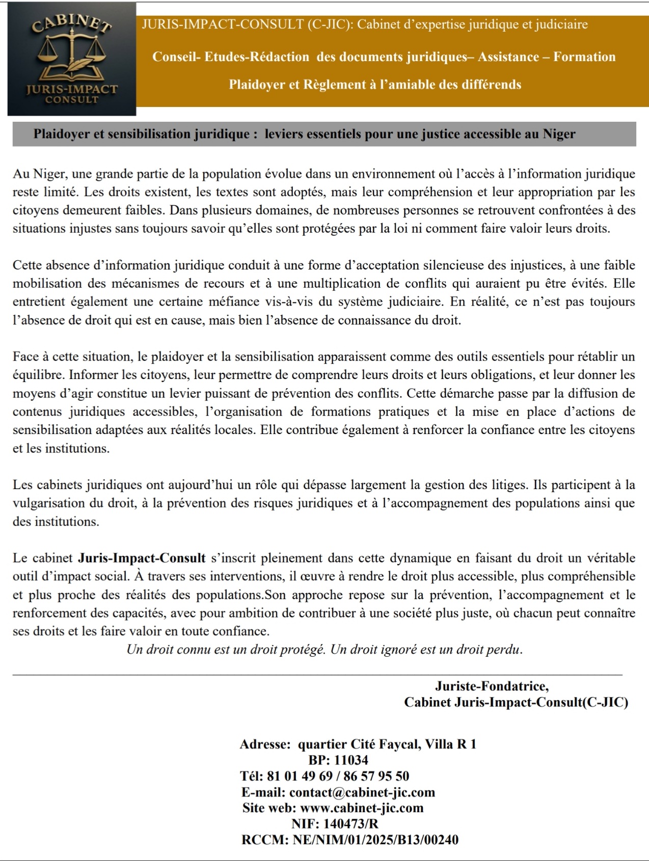  Plaidoyer et sensibilisation juridique :  leviers essentiels pour une justice accessible au Niger