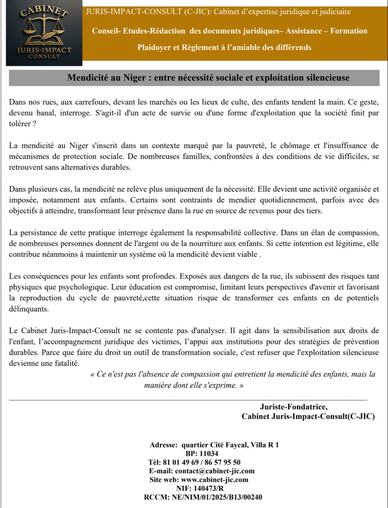 Sensibilisation :Mendicité des enfants