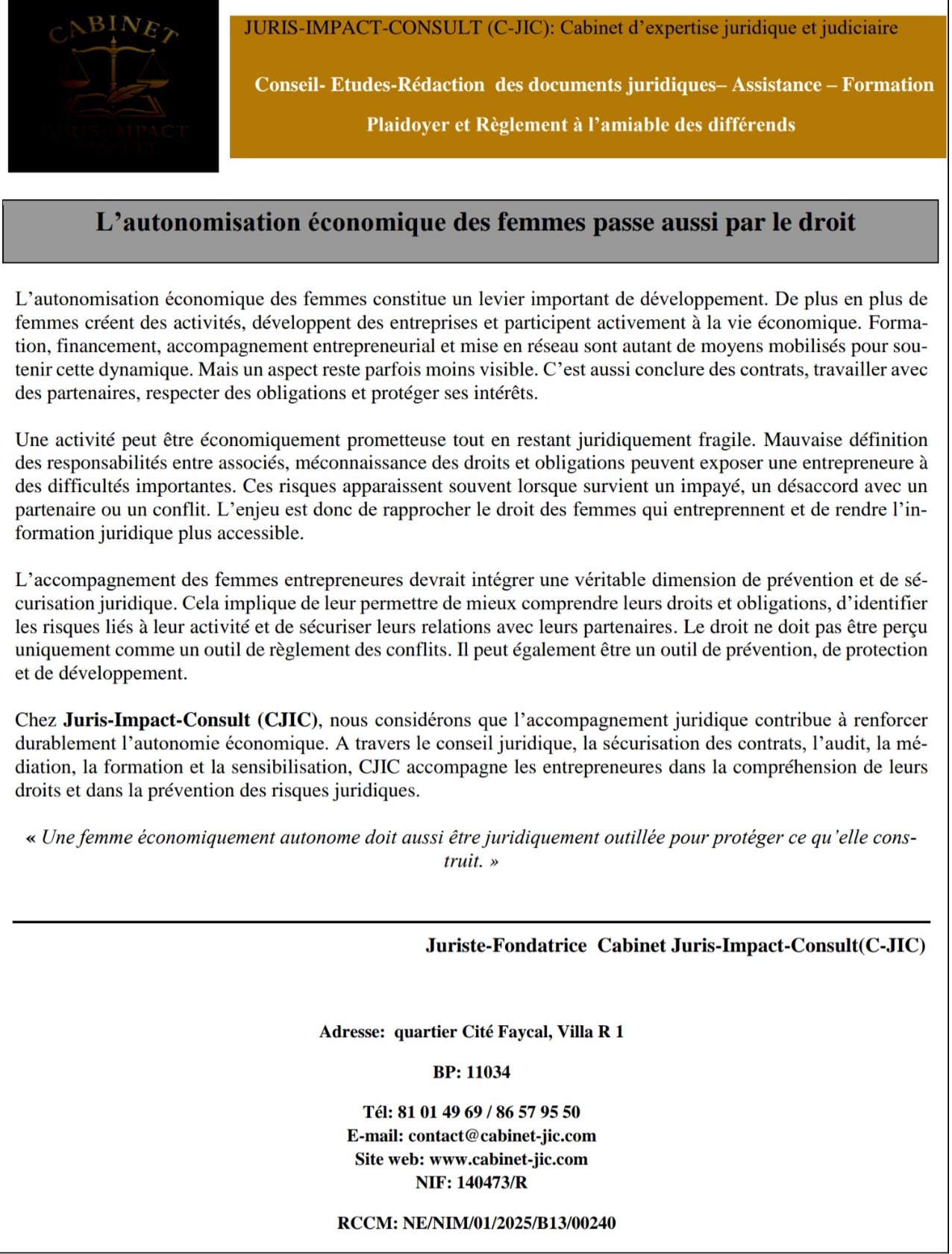 Autonomisation economique des femmes